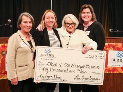 CASA of Southwest Michigan representatives celebrate receiving a $50,000 Carolyn’s Kids Grant from the Berrien Community Foundation on October 7, 2026.